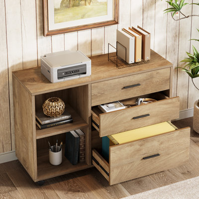 Mobile Lateral File Cabinet with Drawers and Shelves, Rolling Office Storage Cabinet, Brown