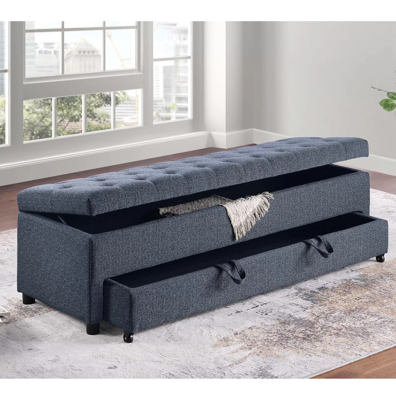 Textured Bouclé Fabric Storage Ottoman, Blue Gray