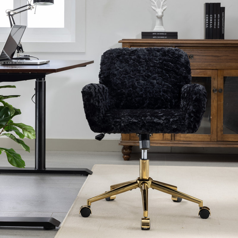 Artificial Rabbit Hair Home Office Chair With Golden Metal Base,adjustable Desk, Black