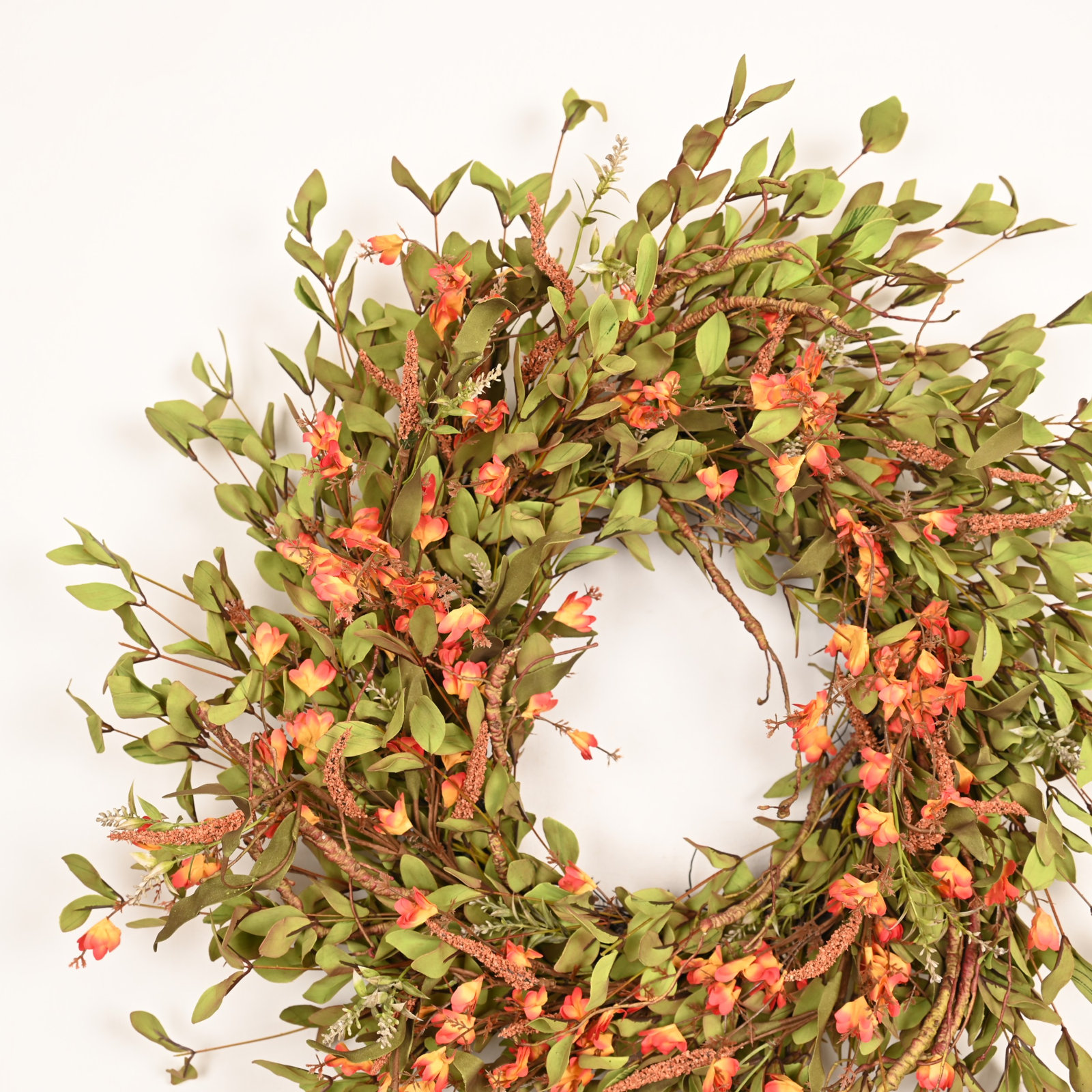 26" Large Artificial Farmhouse Twig Greenery Foliage Berry Blossom Cluster Wildflower Wreath for Front Door, Green;Orange