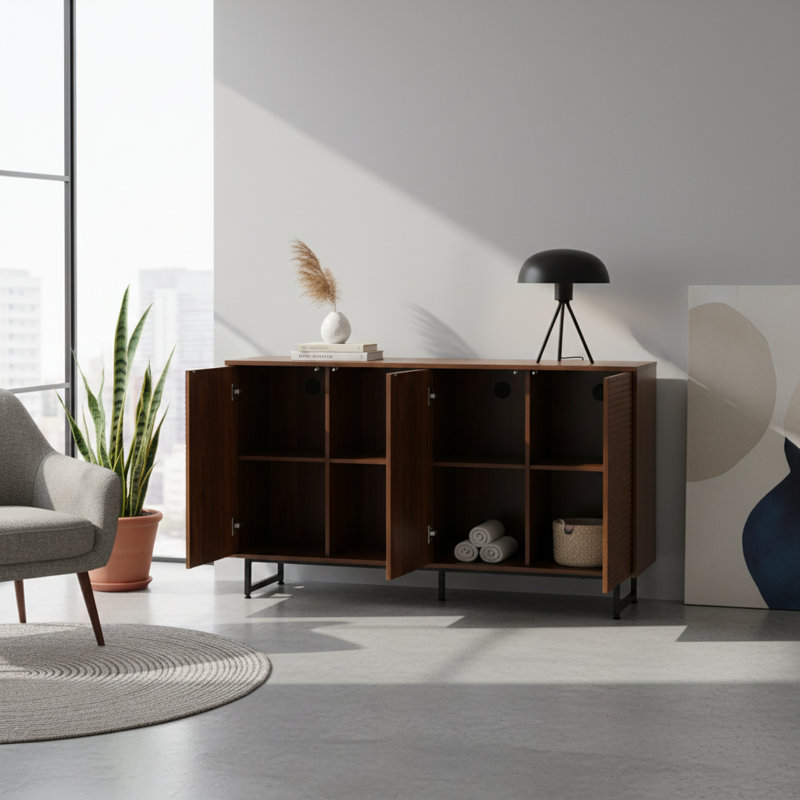 Ruston 59-Inch Mid-Century Modern Sideboard With Geometric Carved Doors And Legs