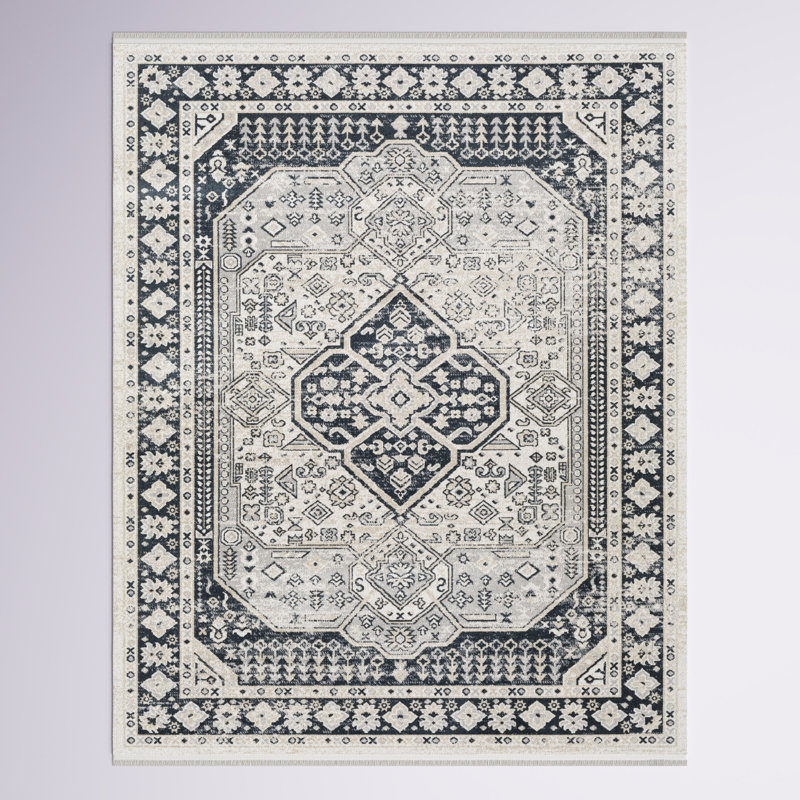 Dickison Machine Washable Navy/Beige Area Rug, Rectangle 9'3" x 12'