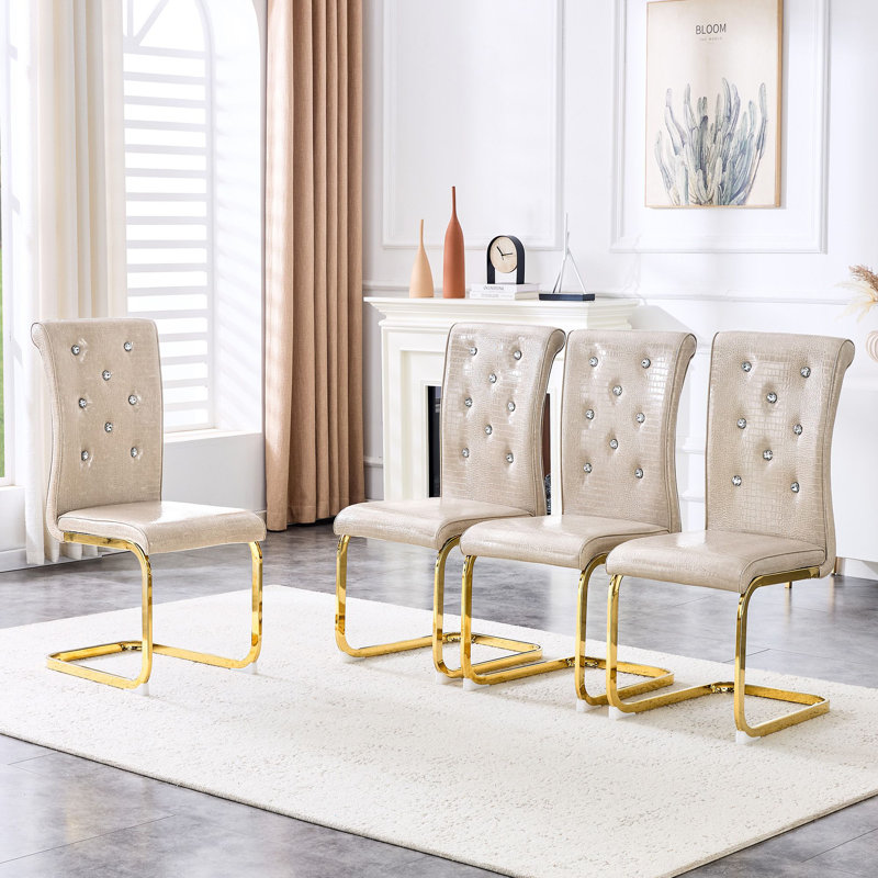 Chaises de salle à manger rembourrées en similicuir avec boucle en cristal, Argent argent, Beige