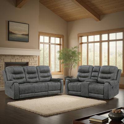 Huneycutt Modern & Contemporary Manual Reclining 2-Piece Living Room Set with Polished Microfiber Upholstery, Tab Pull Reclining & Integrated Center C