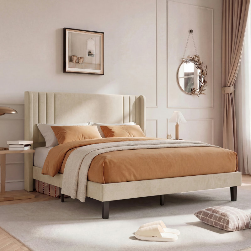 Upholstered Bed, Beige, European Kingsize (160 x 200 cm)