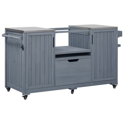 66.5" Outdoor Kitchen Island For Big Green Egg Grills, Solid Wood Outdoor Grill Cart For Tabletop Grill With Stainless Steel Top, Drawer, Compatible With Large Big Green Egg
