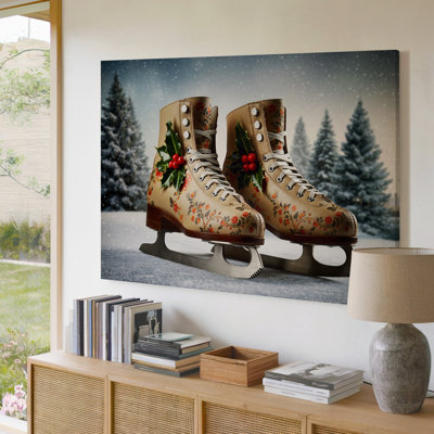 Canvas A Vintage Pair Of Ornate Ice Skates Featuring A Rich Wall Art Textured Leather Upper In Soft Beige With Intricate Floral Canvas Wall Art