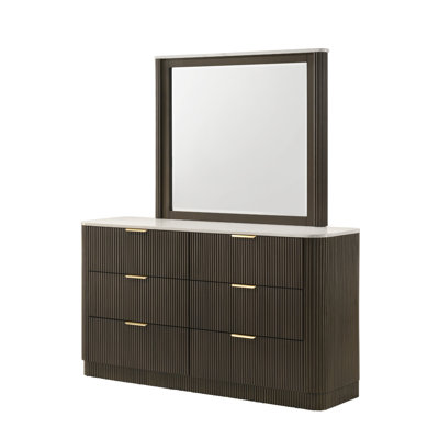 6-Drawer Contemporary Dark Walnut Solid Rubberwood Dresser, Sideboard with Artificial Marble Top