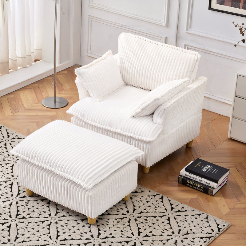 36" Wide Upholstered Accent Chair Corduroy Armchair With Ottoman, Beige