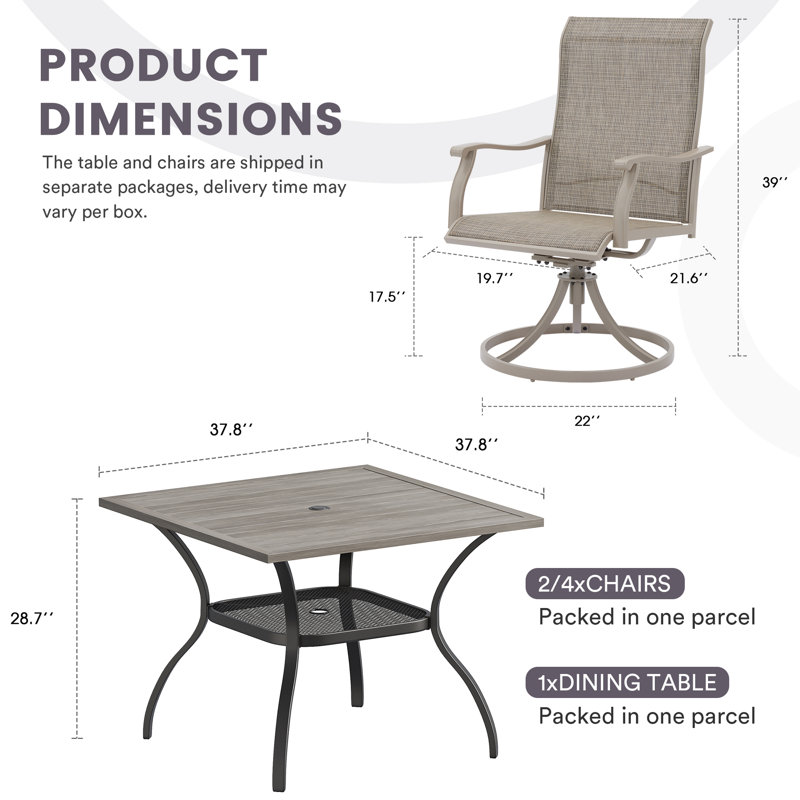 Outdoor Patio Dining Set with 4-person Square Dining Table and  Swivel Chairs, Brush Wood Gray/Sandshell