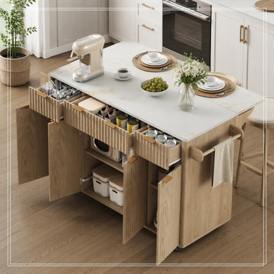 Kitchen Island with Drop Leaf, Power Outlet, 4 Doors and 3 Drawers