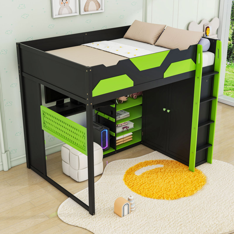 Full Size Loft Bed With RGB LED Light Strip, USB Charging Station And Adjustable Desk, Green