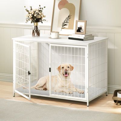 39.4" L Dog Crate Furniture With Cushion, Wooden Dog Kennel With Double Doors, Heavy Duty Dog Cage For Small/medium/large Dogs