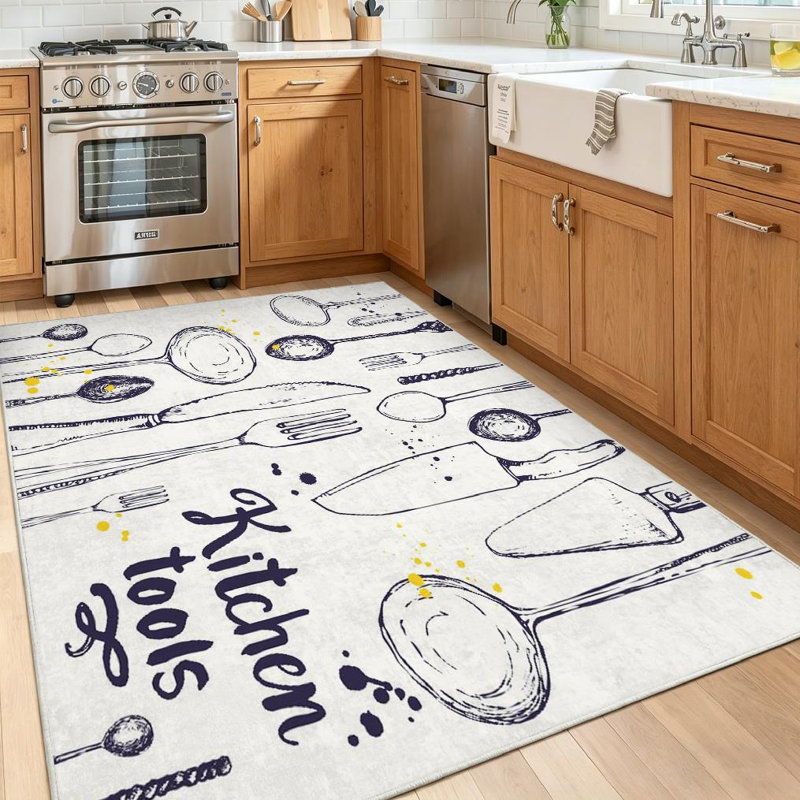 Tapis noir de cuisine noir lavable à la machine avec menu ustensiles de cuisine, Rectangle 55 po x 79 po