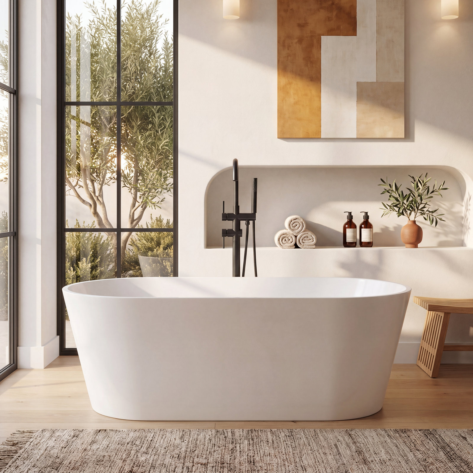 Solid Surface Oval Freestanding Soaking Bathtub, 55.12" L x 27.56" W x 22.83" H