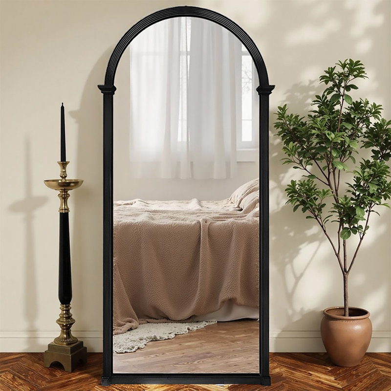 French-Style Minimalist Luxury Wall-Mounted Floor-Standing Arched Full-Length Mirror, 62.99" x 23.62", Black