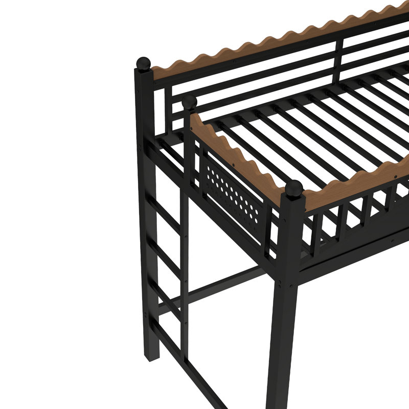 Twin Size Metal Loft Bed with Ladder, Storage Shelves and Bookshelf, Space-Saving Twin Loft Bed Frame with Guardrails, No Box Spring Needed, Black