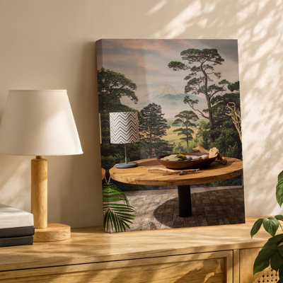 Toile, scène intérieure sereine avec art mural orné d'une table en bois rustique et d'un bol rond brun foncé rempli d'art naturel sur toile