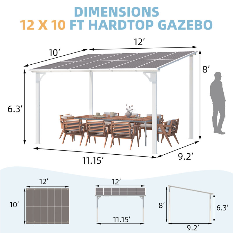 Pergola en aluminium avec auvent, 12 pi x 10 pi, Blanc