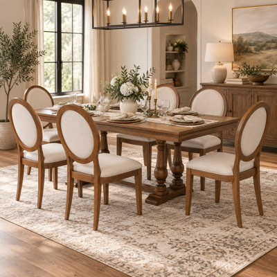 7-Piece Extendable Dining Set for 6 with 58"-76" Solid Wood Table and 6 Oval-Back Upholstered Chairs, Double-Pedestal Farmhouse Dining Set, Walnut