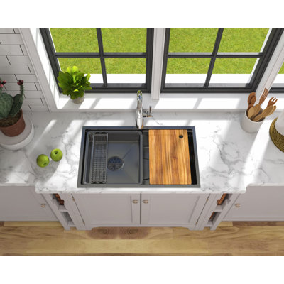 Évier de cuisine encastré en acier inoxydable 304 de 30 po MEJE, texture en nid d'abeille inférieure, revêtement en noyer de couleur noire anthracite