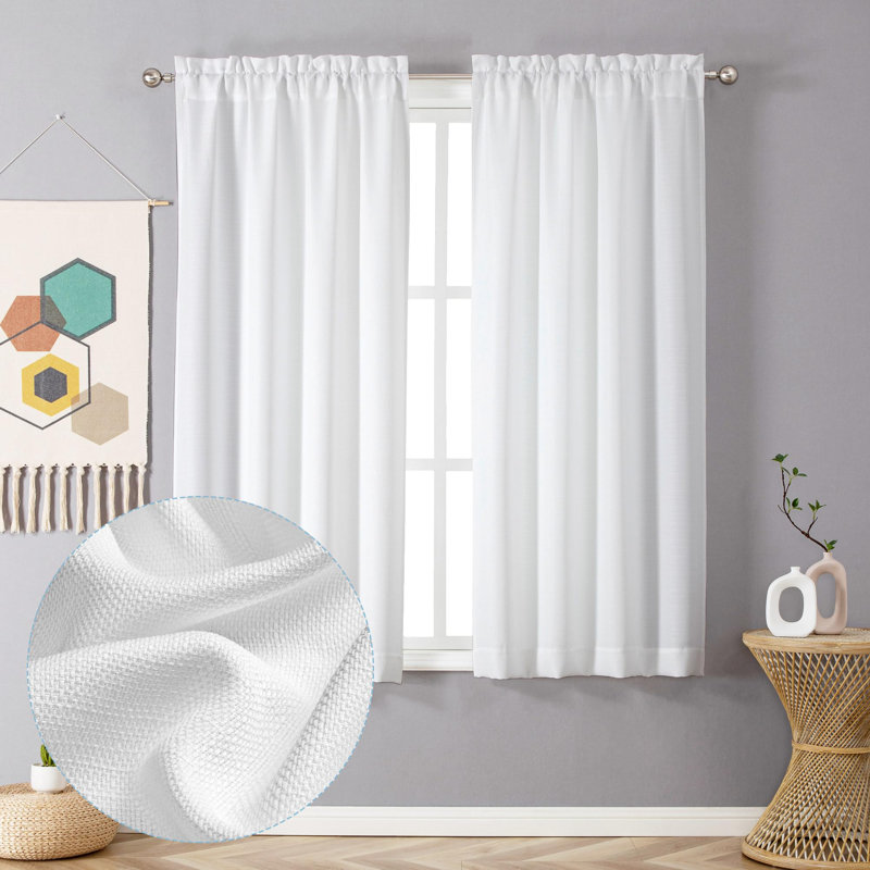 White Curtains 54 Inch Length 2 Panels, Faux Linen Textured Semi Sheer Light Filtering Soft Airy Rod Pocket Window Treatment Drapes, 30Wx54l Inch, Set Of 2