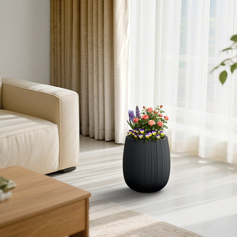 Pot à fleurs rond haut moderne de 12 po avec passe-tringle en béton noir mat (intérieur amélioré) et trou de drainage
