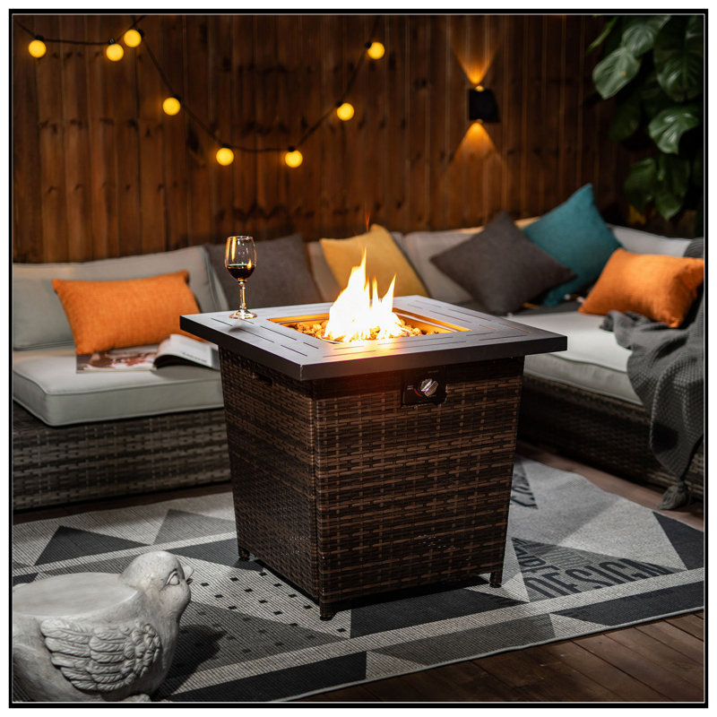 Foyer de table au gaz propane de 28 po, foyer carré de 50 000 BTU avec une belle base en osier pour la terrasse extérieure du jardin - Noir