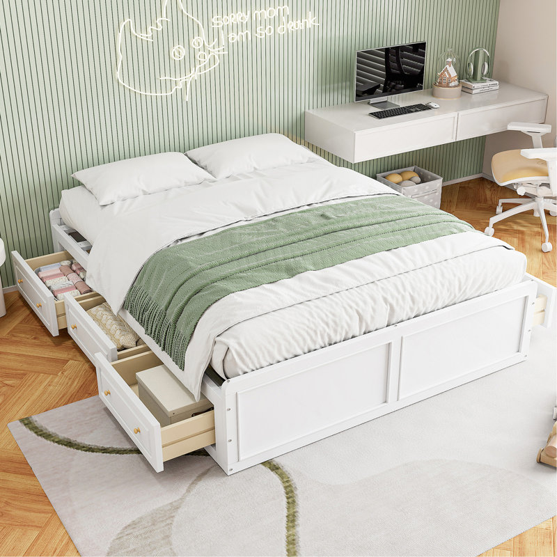 Structure de lit plateforme en bois avec 6 tiroirs, Blanc