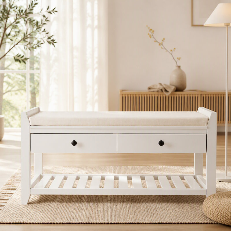 Range-chaussures avec siège rembourré et tiroirs, banc de rangement polyvalent pour entrée, Blanc, Blanc