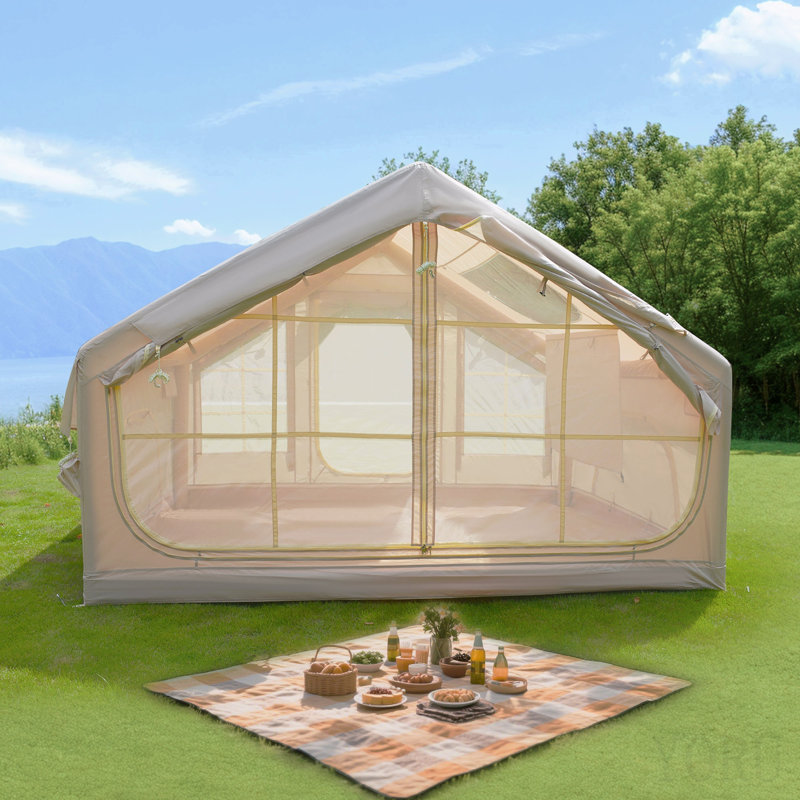 Tente de camping gonflable de 6,3 m², coupe-vent imperméable 4 saisons, lanterneau transparent et imperméable 420d Oxford, tente à air avec fenêtres / portes en filet