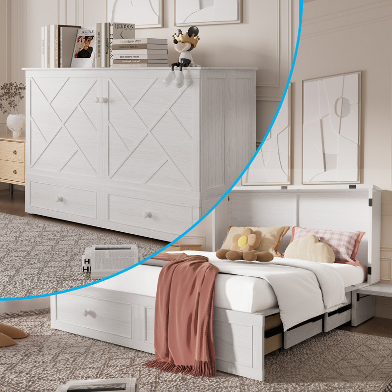 Queen Murphy Cabinet Bed with Mattress & USB Charging Station, White, White