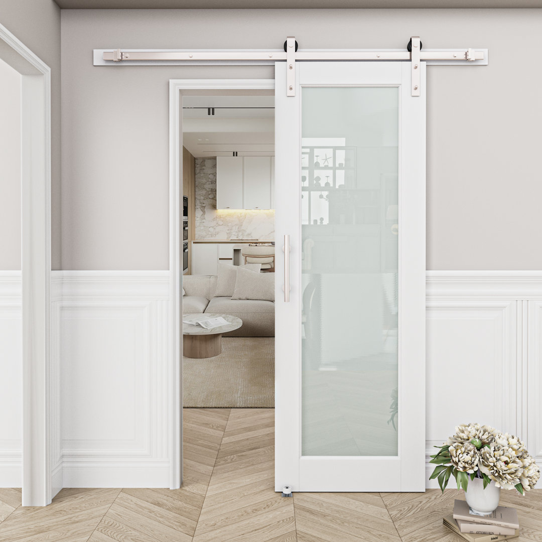 Frosted Glass Solid Manufactured Wood Painted Sliding Barn Door with Nickel-Hardware Kit(No Assembly Required) Home Worthy 