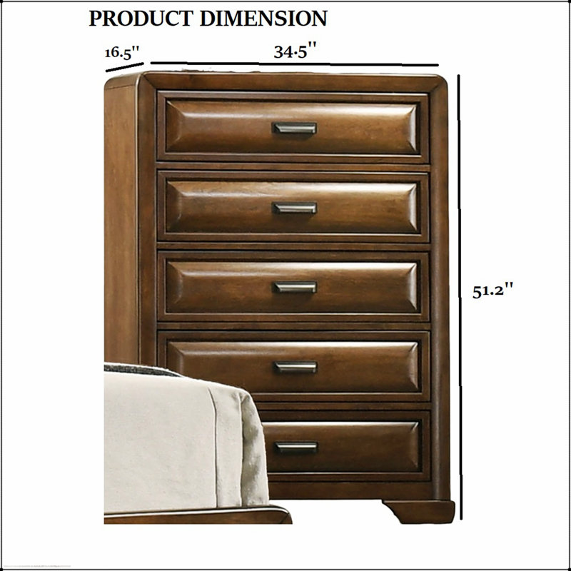 Commode 5 tiroirs style transitionnel avec queue d'aronde anglaise, glissières en métal et poignées élégantes pour le rangement dans la chambre à coucher