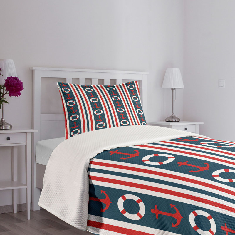 Nautical Twin White and Red Quilted Bedspread Set