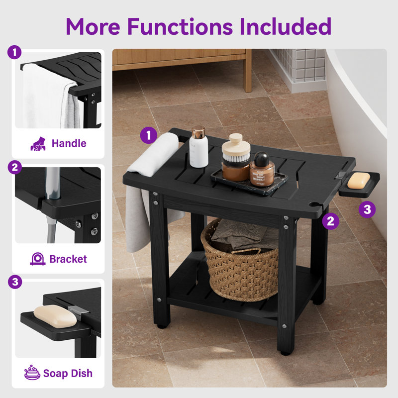 Tabouret de douche d'une capacité de 400 lb avec tablette et poignée, siège de salle de bain imperméable avec pieds antidérapants, banc utilitaire intérieur / extérieur facile à assembler pour adultes, noir