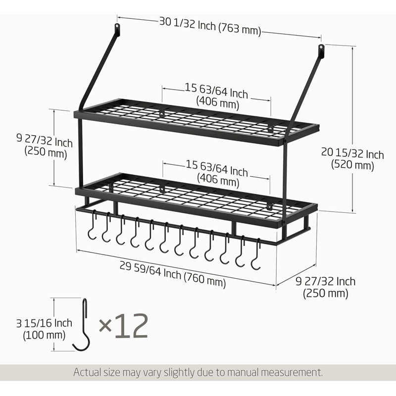 Support à casseroles de cuisine à 2 niveaux 30 pouces - Tablette suspendue murale noir mat avec garde-corps et 12 crochets
