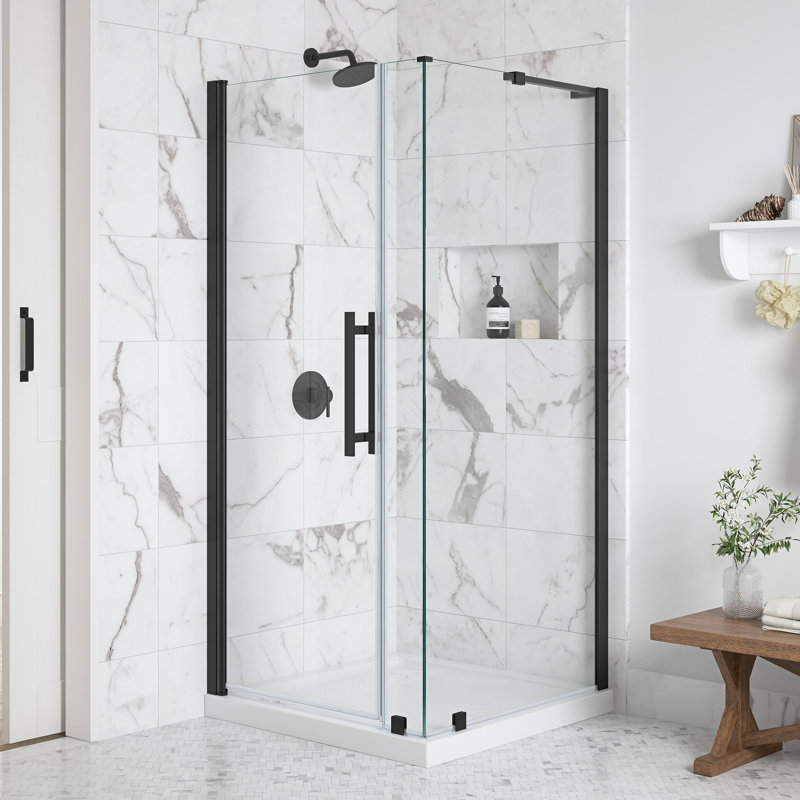 OVE Breeze Pivot 36 in. W x 36 in. D x 74 3/4 in. H Corner Frameless Pivot Shower Door Kit in Black with Base Pan