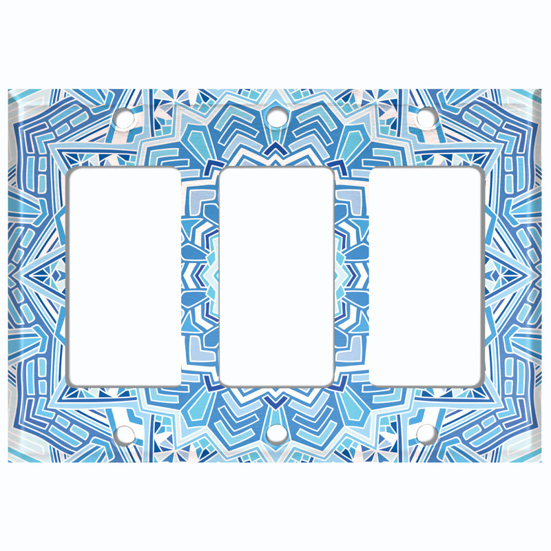 Metal Light Switch Plate Outlet Cover (Blue Elegant Mandala Flowers Tile   - Triple Rocker), Light Blue