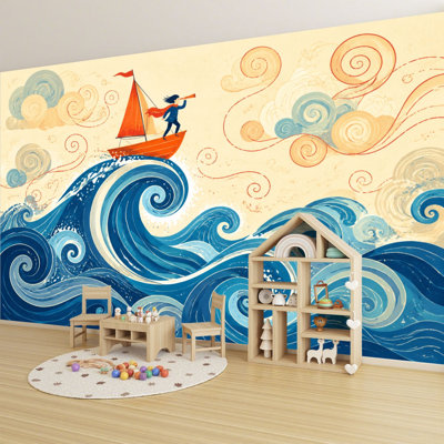 Peel and Stick Wallpaper 69" L x 96" W Modern Self Adhesive Wall Mural for Bedroom - With Whimsical Sailboat Swirling Ocean Waves Stylized Nautical Print