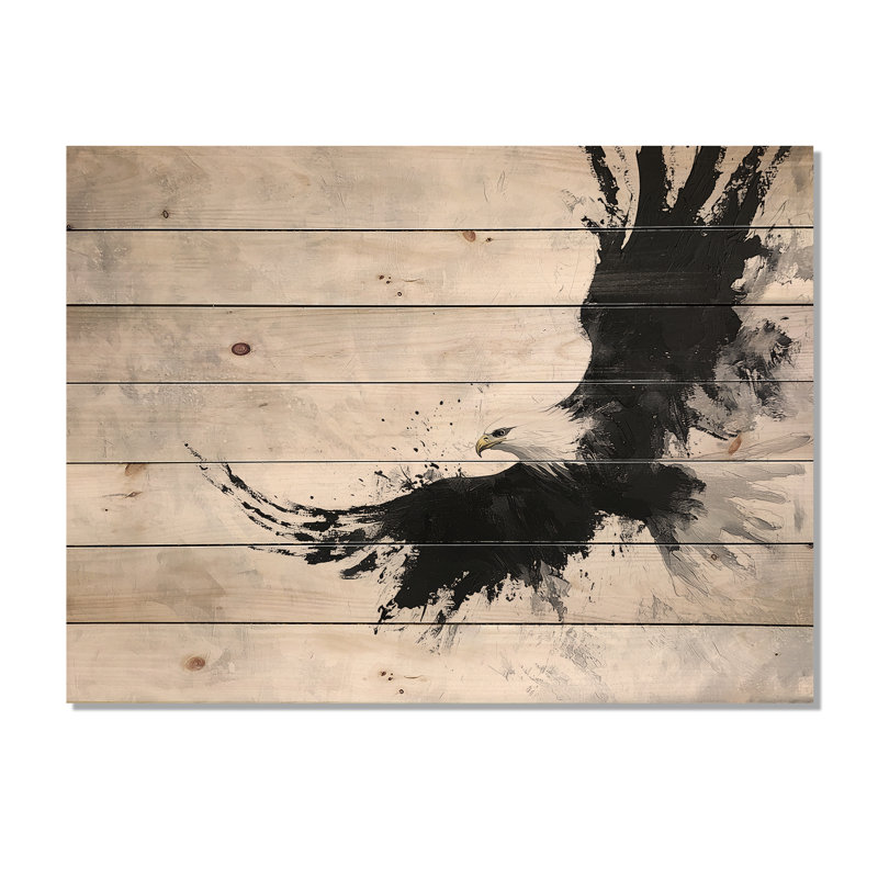 Black And White Eagle Soaring - Modern Wooden Wall Art On Natural Pine Wood, 10" H x 20" W
