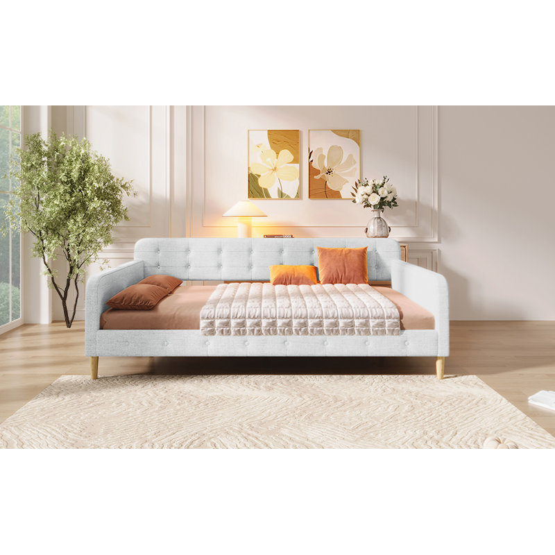 Queen Size Upholstered Daybed With 4 Support Legs, Beige