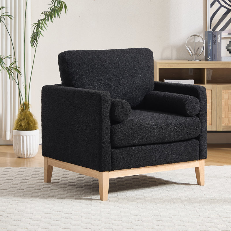 35.41" W Upholstered Accent Armchair With Pillows, Black Polyester, Natural