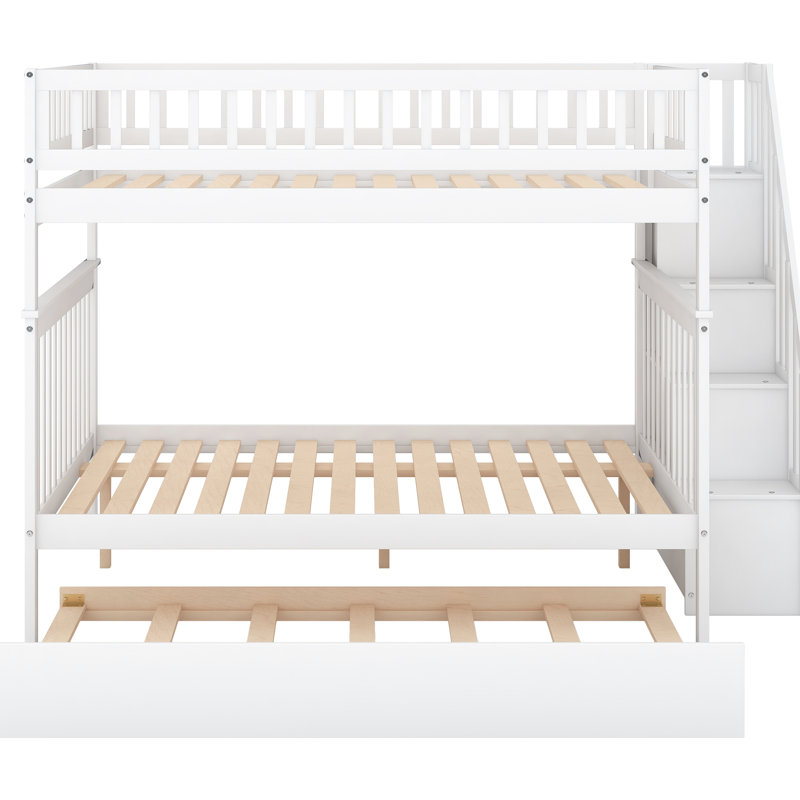 Lit double au-dessus d'un lit superposé avec lit gigogne en bois de pin massif blanc, garde-corps, espaces de rangement, processus d'assemblage facile et rapide