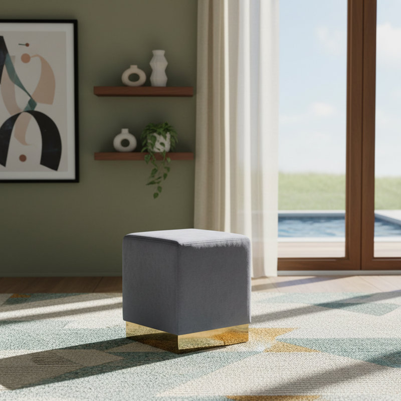 Annora Velvet Ottoman, Gold, Grey Velvet