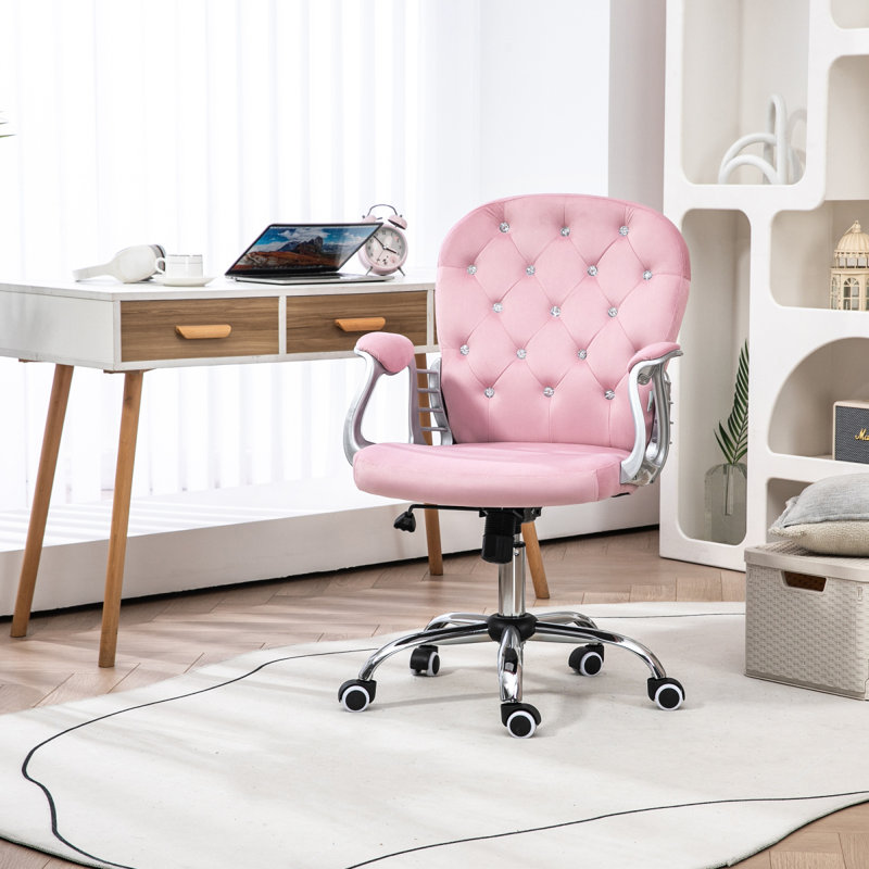 Velvet Home Office Chair, Button Tufted Desk Chair With Padded Armrests, Adjustable Height And Swivel Wheels, Light Pink