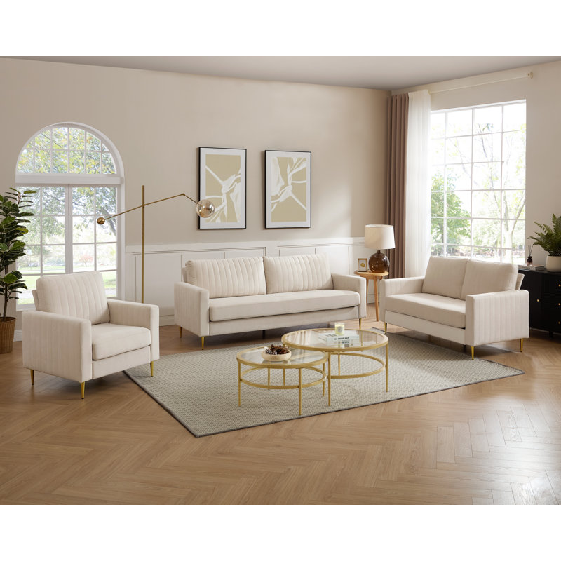 Marienville 3 - Piece Velvet Living Room Set, Beige