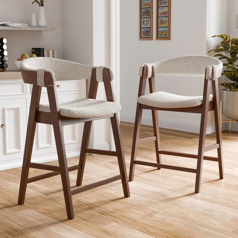 Ensemble de 2 tabourets de comptoir rembourrés Boucle en noyer et beige