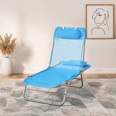 Chaise longue de plage avec structure en acier thermolaqué et maille respirante, six positions d'inclinaison, se plie à plat pour le transport
