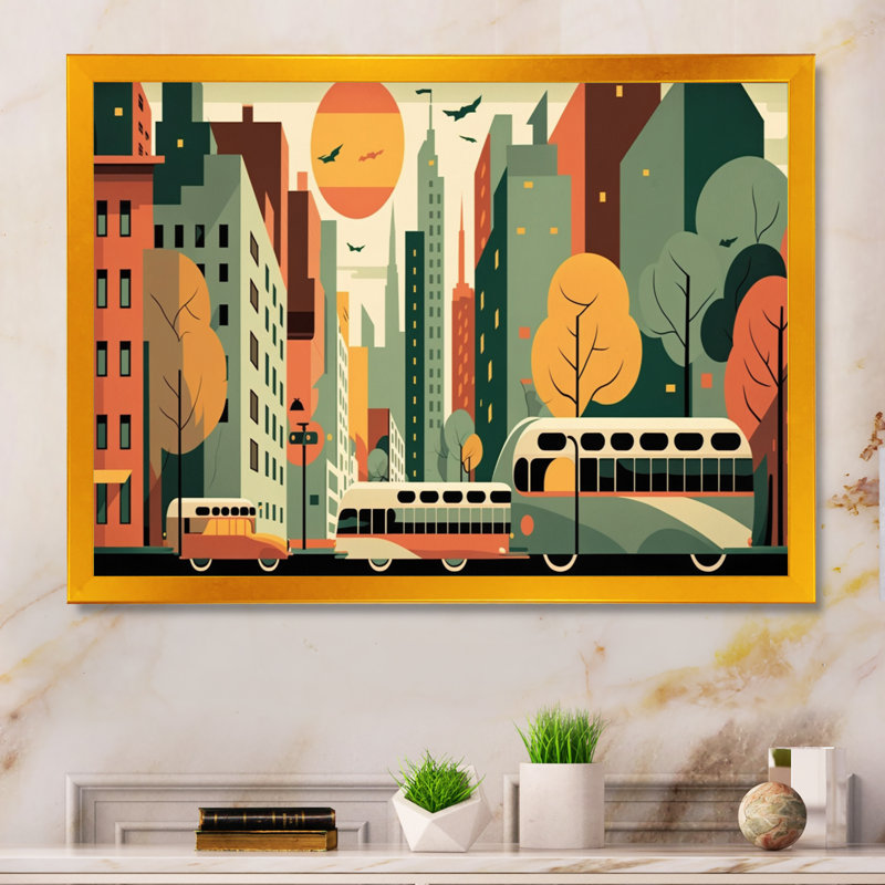Futuriste paysage urbain IV - reproduction sur toile, L 32 po x H 24 po, Impression dorée sur toile encadrée